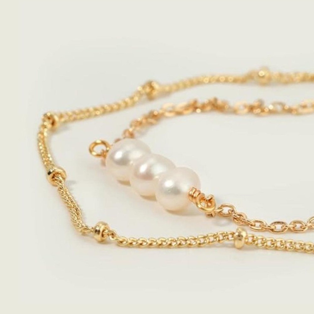Dainty 3 Freshwater Pearl Layered Bracelet, 18K Gold Cultured Pearl Bracelet